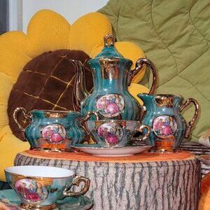 Vintage Japan Empress Bone China Teal Porcelain Tea Set